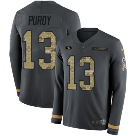Nike 49ers #13 Brock Purdy Anthracite Salute to Service Men's Stitched NFL Limited Therma Long Sleeve Jersey