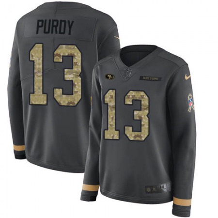 Nike 49ers #13 Brock Purdy Anthracite Salute to Service Women's Stitched NFL Limited Therma Long Sleeve Jersey