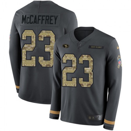 Nike 49ers #23 Christian McCaffrey Anthracite Salute to Service Men's Stitched NFL Limited Therma Long Sleeve Jersey