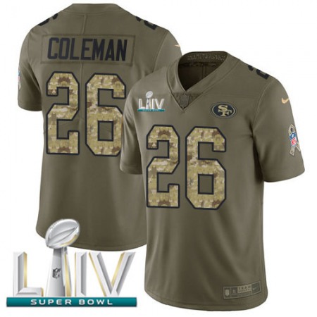Nike 49ers #26 Tevin Coleman Olive/Camo Super Bowl LIV 2020 Youth Stitched NFL Limited 2017 Salute To Service Jersey