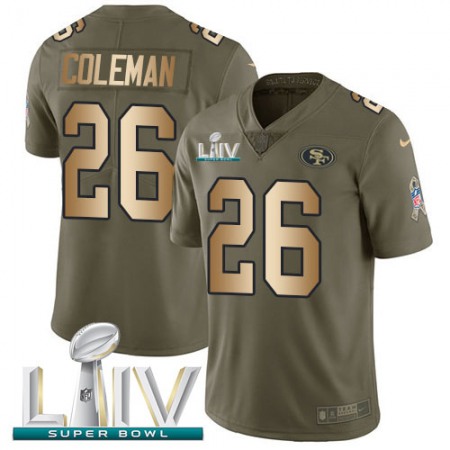 Nike 49ers #26 Tevin Coleman Olive/Gold Super Bowl LIV 2020 Youth Stitched NFL Limited 2017 Salute To Service Jersey