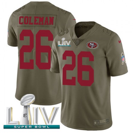Nike 49ers #26 Tevin Coleman Olive Super Bowl LIV 2020 Youth Stitched NFL Limited 2017 Salute To Service Jersey