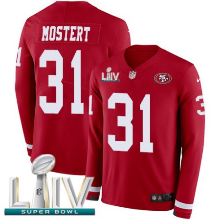 Nike 49ers #31 Raheem Mostert Red Super Bowl LIV 2020 Team Color Youth Stitched NFL Limited Therma Long Sleeve Jersey