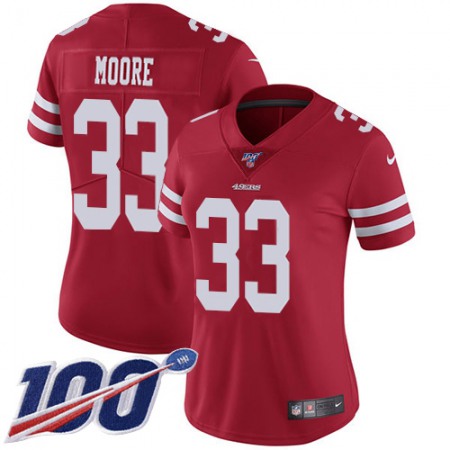Nike 49ers #33 Tarvarius Moore Red Team Color Women's Stitched NFL 100th Season Vapor Limited Jersey