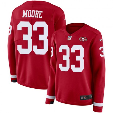 Nike 49ers #33 Tarvarius Moore Red Team Color Women's Stitched NFL Limited Therma Long Sleeve Jersey