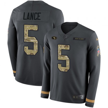 Nike 49ers #5 Trey Lance Anthracite Salute to Service Men's Stitched NFL Limited Therma Long Sleeve Jersey