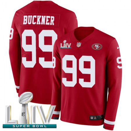 Nike 49ers #99 DeForest Buckner Red Super Bowl LIV 2020 Team Color Men's Stitched NFL Limited Therma Long Sleeve Jersey