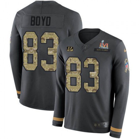 Nike Bengals #83 Tyler Boyd Anthracite Super Bowl LVI Patch Salute to Service Men's Stitched NFL Limited Therma Long Sleeve Jersey