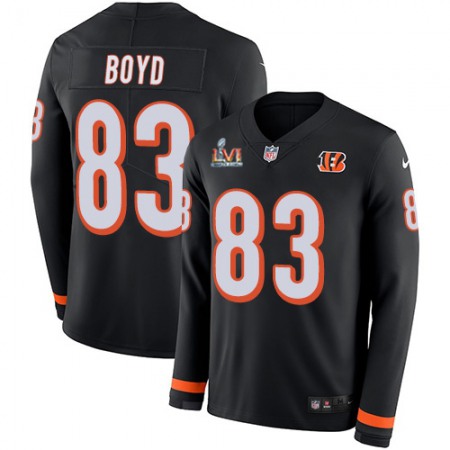 Nike Bengals #83 Tyler Boyd Black Team Color Super Bowl LVI Patch Men's Stitched NFL Limited Therma Long Sleeve Jersey