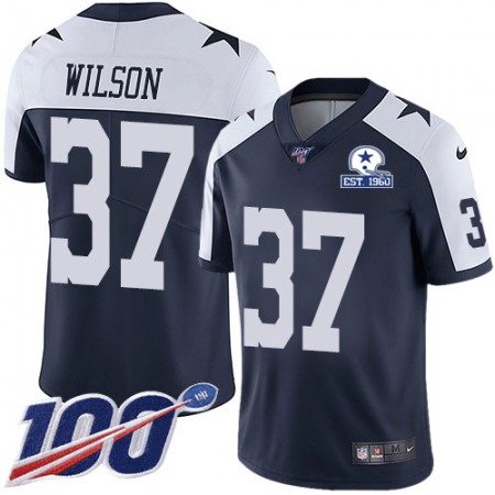 Nike Cowboys #37 Donovan Wilson Navy Blue Thanksgiving Men's Stitched With Established In 1960 Patch NFL 100th Season Vapor Untouchable Limited Throwback Jersey