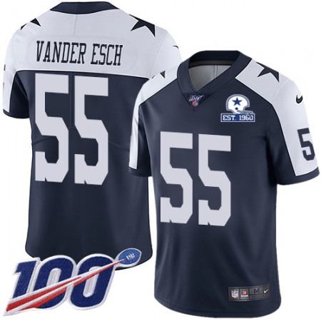 Nike Cowboys #55 Leighton Vander Esch Navy Blue Thanksgiving Men's Stitched With Established In 1960 Patch NFL 100th Season Vapor Untouchable Limited Throwback Jersey