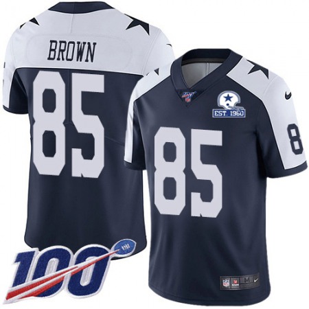 Nike Cowboys #85 Noah Brown Navy Blue Thanksgiving Men's Stitched With Established In 1960 Patch NFL 100th Season Vapor Untouchable Limited Throwback Jersey