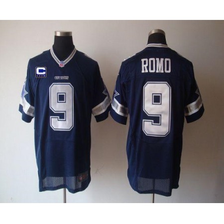 Nike Cowboys #9 Tony Romo Navy Blue Team Color With C Patch Men's Stitched NFL Elite Jersey