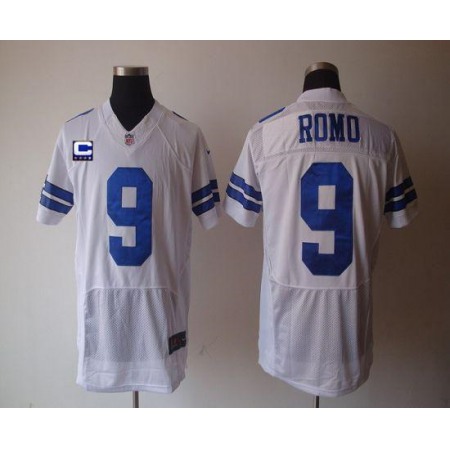 Nike Cowboys #9 Tony Romo White With C Patch Men's Stitched NFL Elite Jersey