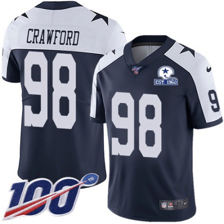 Nike Cowboys #98 Tyrone Crawford Navy Blue Thanksgiving Men's Stitched With Established In 1960 Patch NFL 100th Season Vapor Untouchable Limited Throwback Jersey