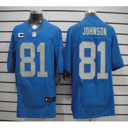 Nike Lions #81 Calvin Johnson Blue Alternate Throwback With C Patch Men's Stitched NFL Elite Jersey