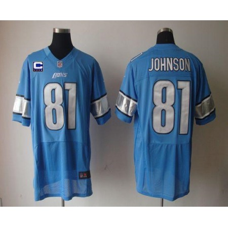 Nike Lions #81 Calvin Johnson Blue Team Color With C Patch Men's Stitched NFL Elite Jersey