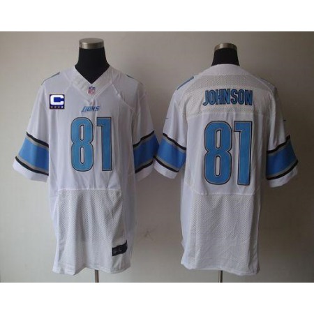 Nike Lions #81 Calvin Johnson White With C Patch Men's Stitched NFL Elite Jersey