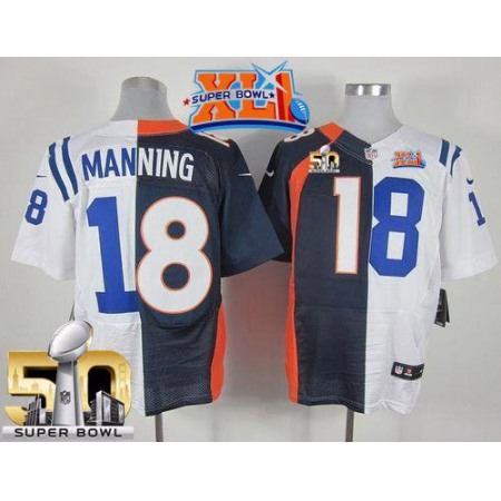 Nike Colts #18 Peyton Manning Navy Blue/White Super Bowl XLI & Super Bowl 50 Men's Stitched NFL Elite Split Broncos Jersey