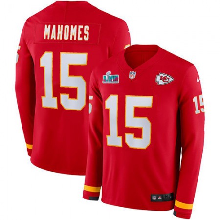 Nike Chiefs #15 Patrick Mahomes Red Team Color Super Bowl LVII Patch Men's Stitched NFL Limited Therma Long Sleeve Jersey