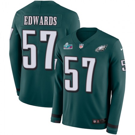 Nike Eagles #57 T. J. Edwards Green Team Color Super Bowl LVII Patch Men's Stitched NFL Limited Therma Long Sleeve Jersey