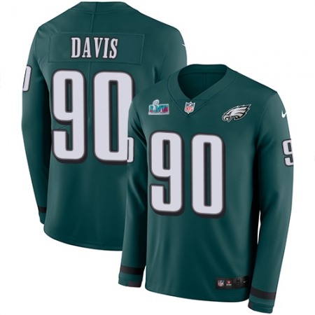 Nike Eagles #90 Jordan Davis Green Super Bowl LVII Patch Team Color Men's Stitched NFL Limited Therma Long Sleeve Jersey