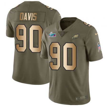 Nike Eagles #90 Jordan Davis Olive/Gold Super Bowl LVII Patch Men's Stitched NFL Limited 2017 Salute To Service Jersey
