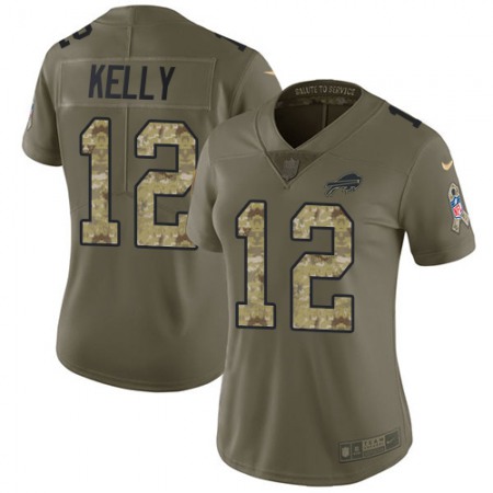 Nike Bills #12 Jim Kelly Olive/Camo Women's Stitched NFL Limited 2017 Salute to Service Jersey