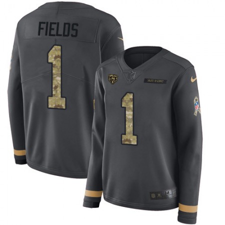 Nike Bears #1 Justin Fields Anthracite Salute to Service Women's Stitched NFL Limited Therma Long Sleeve Jersey