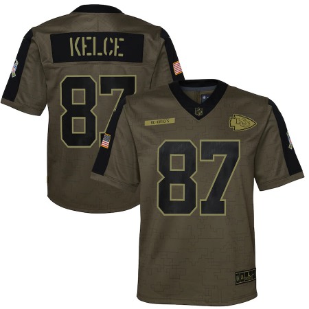 Kansas City Chiefs #87 Travis Kelce Olive Nike Youth 2021 Salute To Service Game Jersey