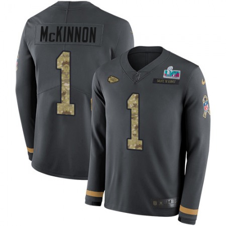 Nike Chiefs #1 Jerick McKinnon Anthracite Salute to Service Super Bowl LVII Patch Youth Stitched NFL Limited Therma Long Sleeve Jersey