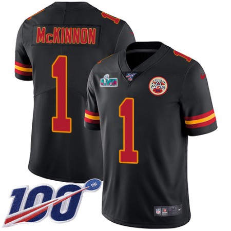 Nike Chiefs #1 Jerick McKinnon Black Super Bowl LVII Patch Youth Stitched NFL Limited Rush 100th Season Jersey