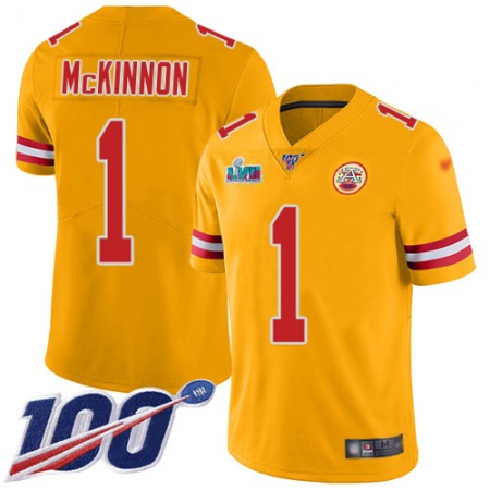 Nike Chiefs #1 Jerick McKinnon Gold Super Bowl LVII Patch Youth Stitched NFL Limited Inverted Legend 100th Season Jersey