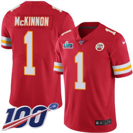 Nike Chiefs #1 Jerick McKinnon Red Team Color Super Bowl LVII Patch Youth Stitched NFL 100th Season Vapor Limited Jersey