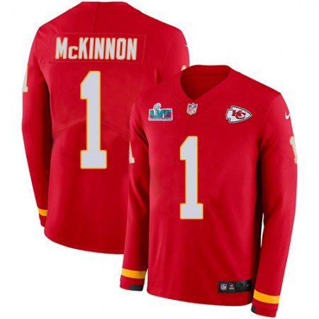 Nike Chiefs #1 Jerick McKinnon Red Team Color Super Bowl LVII Patch Youth Stitched NFL Limited Therma Long Sleeve Jersey