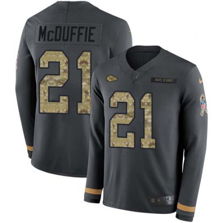Nike Chiefs #21 Trent McDuffie Anthracite Salute to Service Youth Stitched NFL Limited Therma Long Sleeve Jersey