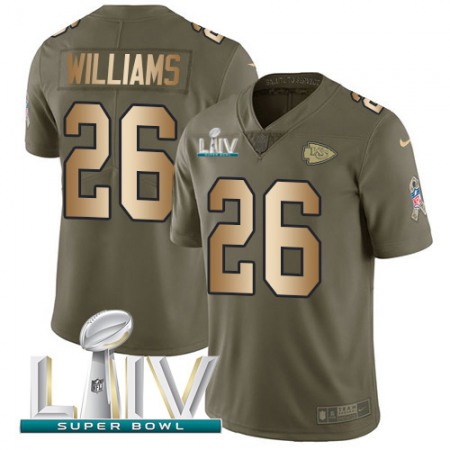 Nike Chiefs #26 Damien Williams Olive/Gold Super Bowl LIV 2020 Youth Stitched NFL Limited 2017 Salute To Service Jersey