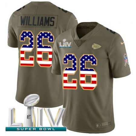 Nike Chiefs #26 Damien Williams Olive/USA Flag Super Bowl LIV 2020 Youth Stitched NFL Limited 2017 Salute To Service Jersey