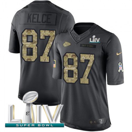 Nike Chiefs #87 Travis Kelce Black Super Bowl LIV 2020 Youth Stitched NFL Limited 2016 Salute to Service Jersey