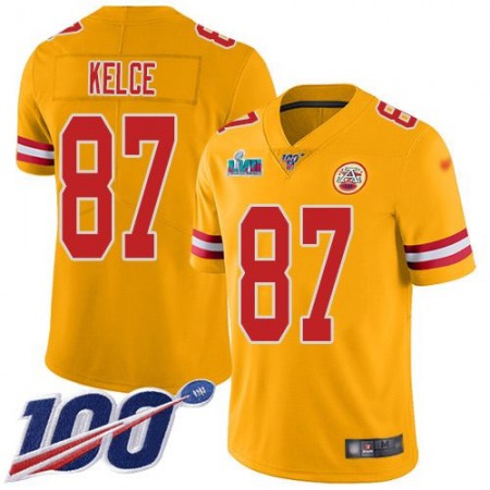 Nike Chiefs #87 Travis Kelce Gold Super Bowl LVII Patch Youth Stitched NFL Limited Inverted Legend 100th Season Jersey