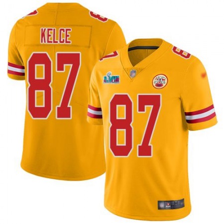 Nike Chiefs #87 Travis Kelce Gold Super Bowl LVII Patch Youth Stitched NFL Limited Inverted Legend Jersey