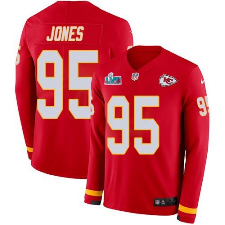 Nike Chiefs #95 Chris Jones Red Team Color Super Bowl LVII Patch Youth Stitched NFL Limited Therma Long Sleeve Jersey