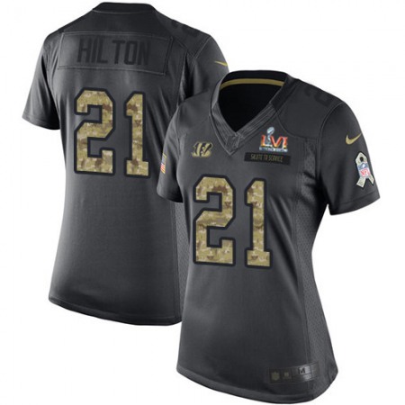 Nike Bengals #21 Mike Hilton Black Super Bowl LVI Patch Women's Stitched NFL Limited 2016 Salute to Service Jersey