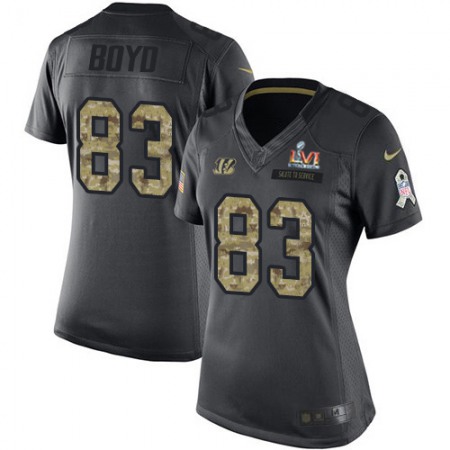Nike Bengals #83 Tyler Boyd Black Super Bowl LVI Patch Women's Stitched NFL Limited 2016 Salute to Service Jersey