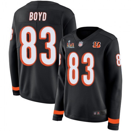 Nike Bengals #83 Tyler Boyd Black Team Color Super Bowl LVI Patch Women's Stitched NFL Limited Therma Long Sleeve Jersey