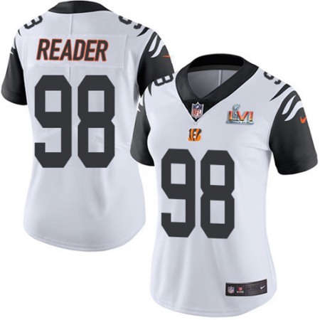 Nike Bengals #98 D.J. Reader White Super Bowl LVI Patch Women's Stitched NFL Limited Rush Jersey