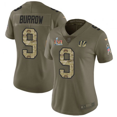 Nike Bengals #9 Joe Burrow Olive/Camo Super Bowl LVI Patch Women's Stitched NFL Limited 2017 Salute to Service Jersey