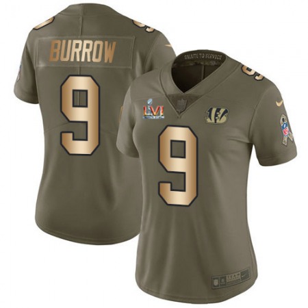 Nike Bengals #9 Joe Burrow Olive/Gold Super Bowl LVI Patch Women's Stitched NFL Limited 2017 Salute To Service Jersey
