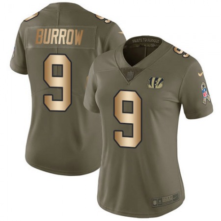 Nike Bengals #9 Joe Burrow Olive/Gold Women's Stitched NFL Limited 2017 Salute To Service Jersey