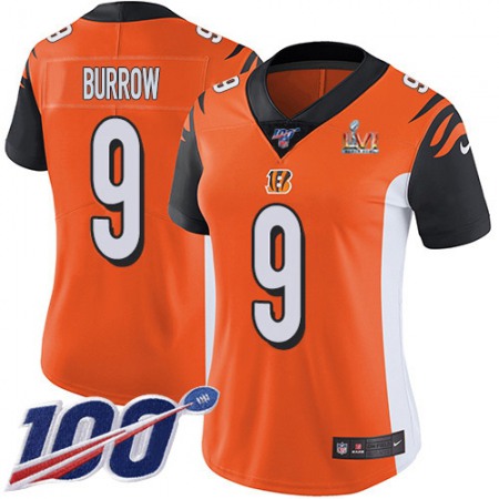 Nike Bengals #9 Joe Burrow Orange Super Bowl LVI Patch Alternate Women's Stitched NFL 100th Season Vapor Untouchable Limited Jersey